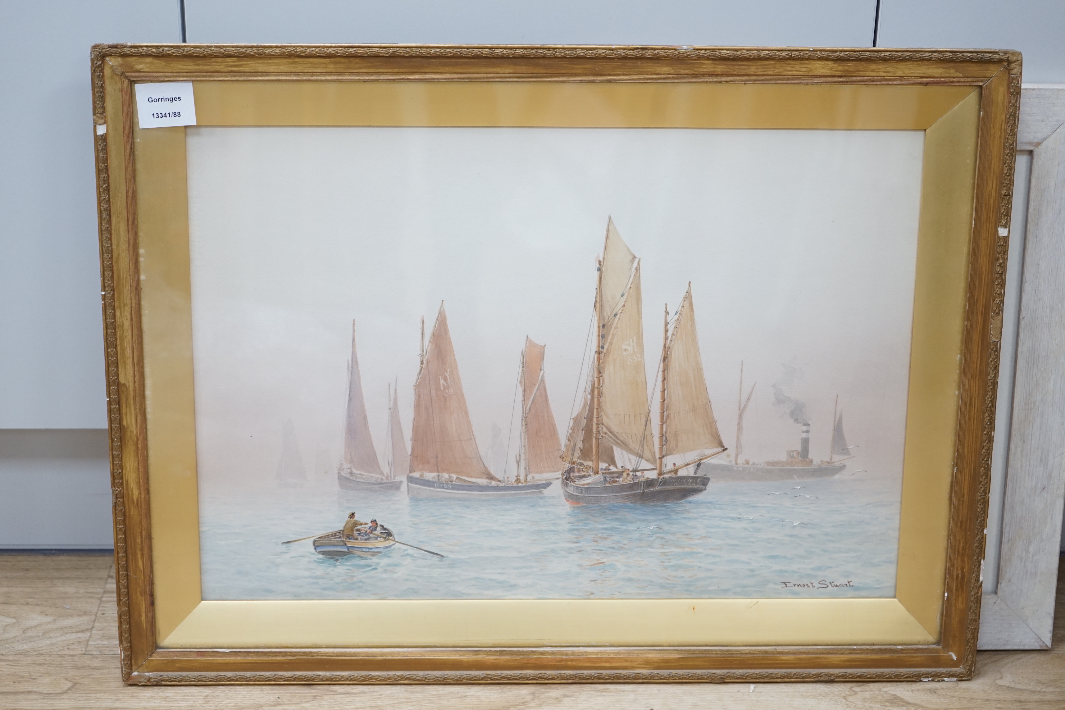 Ernest Stuart (fl.1889-1915), watercolour, Fishing boats at sea, signed, 35 x 53cm